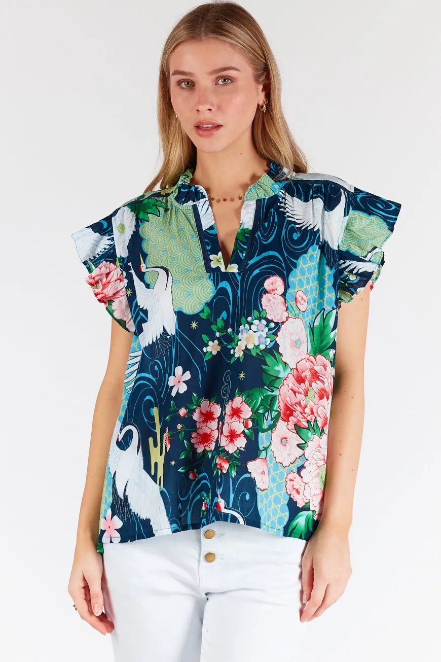 LulaLife Mitzuki Ruffle Top Navy
